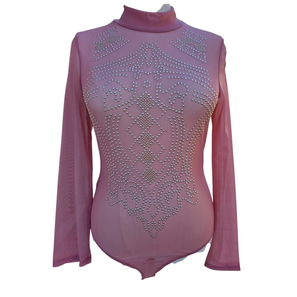 IRIS 2X Studded Pink Mesh Bodysuit Sheer Long Sleeve Mock Neck Festival Top